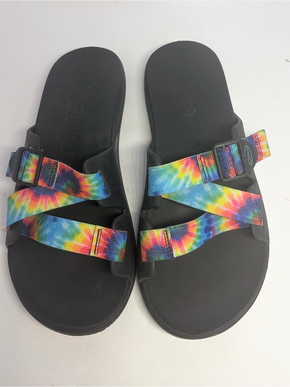 Chaco men’s Black Sandals with Rainbow Tie-Dye Straps